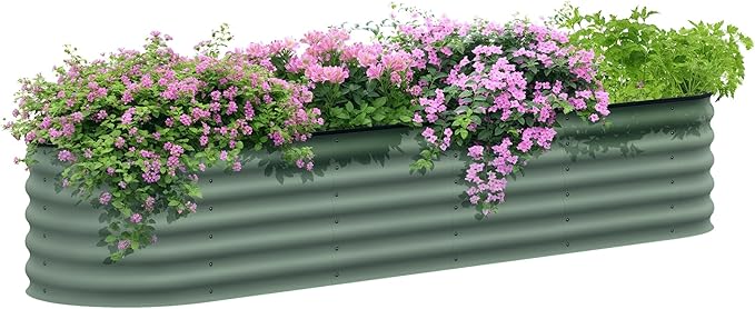 Outsunny 8' x 2' x 1.4' Galvanized Raised Garden Bed Kit Outdoor Metal Elevated Planter Box with Safety Edging Easy DIY Stock Tank for Growing Flowers Herbs &amp Vegetables Green