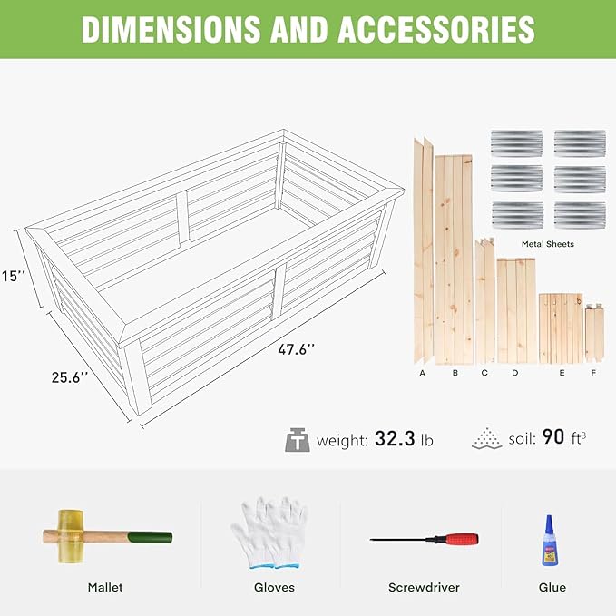 Wood Garden Raised Bed Outdoor Plant Box Planters for Outdoor Plants with Galvanized Metal for Herbs Vegetables Flowers Great Patio Deck Balcony 4X2FT