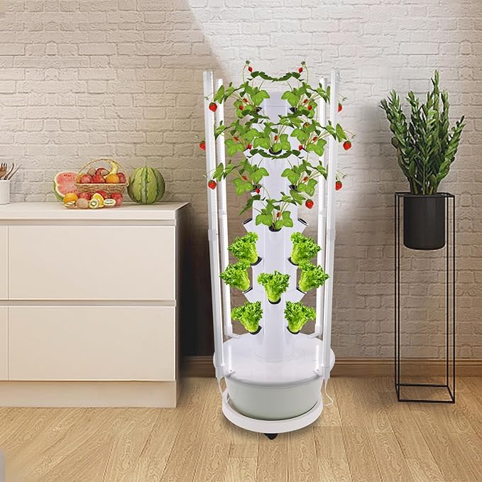 Indoor Hydroponic Garden Tower 28 Pods Vertical Hydroponic Growing System with LED Grow Lights Pump &amp Timer 7 Tier Space Saving Planter for Herbs Vegetables Balcony (White and Green)