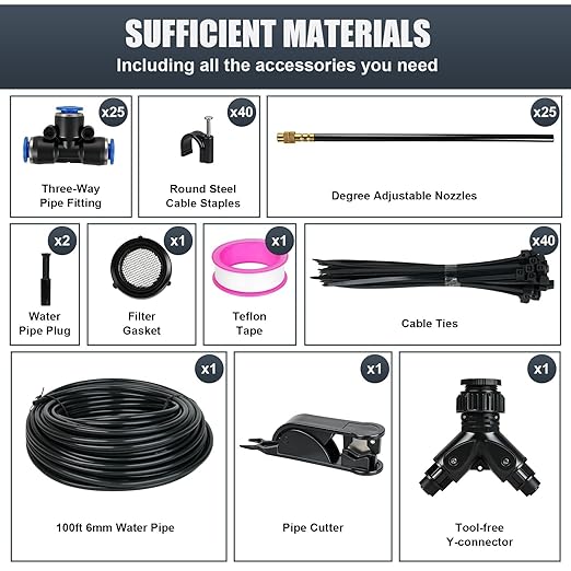 100ft Drip Irrigation System Automatic Garden Watering System with 25 Adjustable Sprinkler Nozzles Irrigation Hose Kit for Yard Lawn Plants Atomizing System