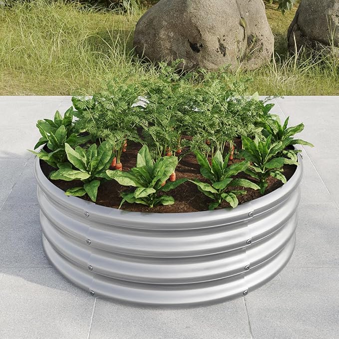 Round Galvanized Raised Garden Bed kit Steel Fire Pit Ring Flower Planter Metal Above Ground Boxes Kit Patio Ground Planter for Planting Vegetables and HerbSilver32.1×11.4