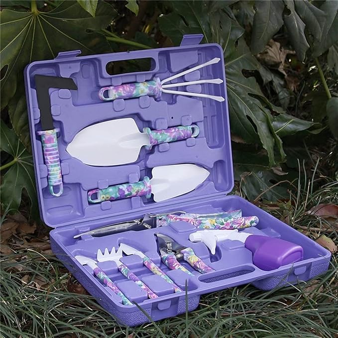 Garden Tools Set 10 Pieces Gardening Tools Garden Hand Tools with Purple Floral Print Ergonomic Handle &amp Carrying Case (Color : Green)