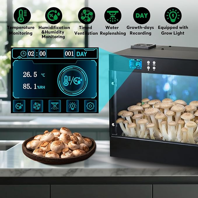 Smart Mushroom Grow Box with Humidity &ampTemperature Monitoring SensorMushroom Grow Chamber with Grow LightSmart Monotub Mushroom Growing Kit 16x11X13 inches with HD LCD ScreenStill Air Box