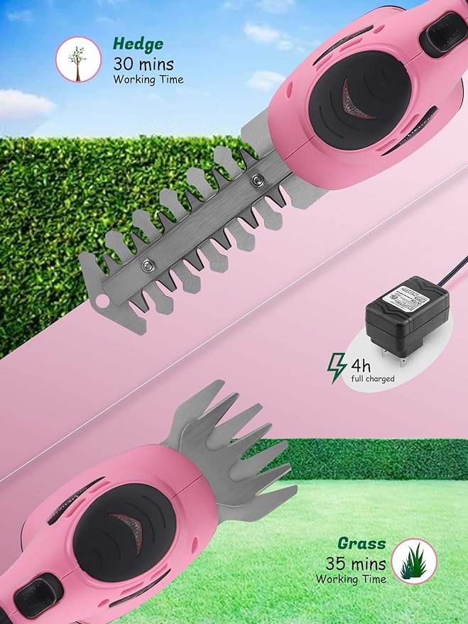 Lichamp 2-in-1 Electric Hand Held Grass Shear Pink Hedge Trimmer Shrubbery Clipper Cordless Battery Powered Rechargeable for Garden and Lawn CGS3602PK Pink