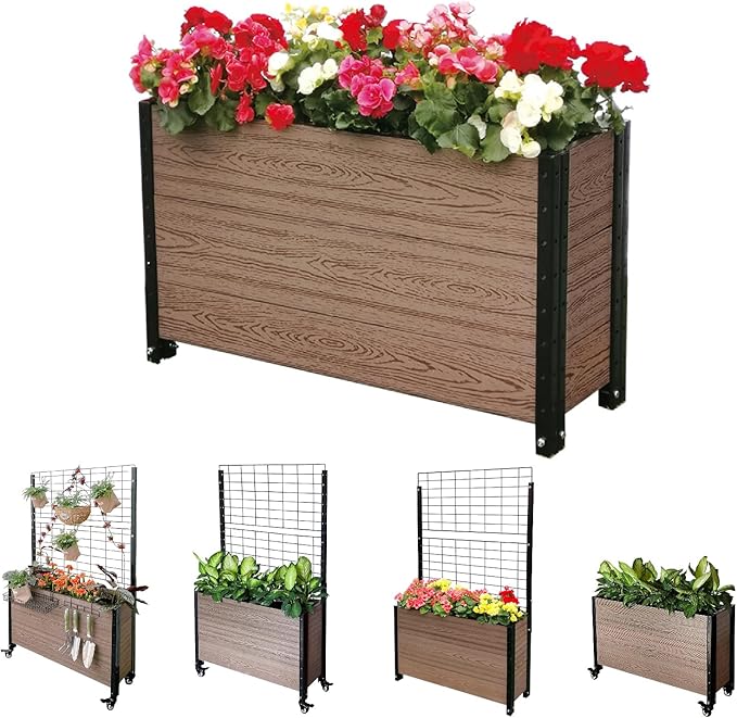 Everbloom Modular Deep Trough Wood Plastic Composite Planter in Brown 36 L x 12 W x 21 H - Grow Veggies Flowers Herbs Indoor Outdoor Narrow Space Backyard Patio Deck