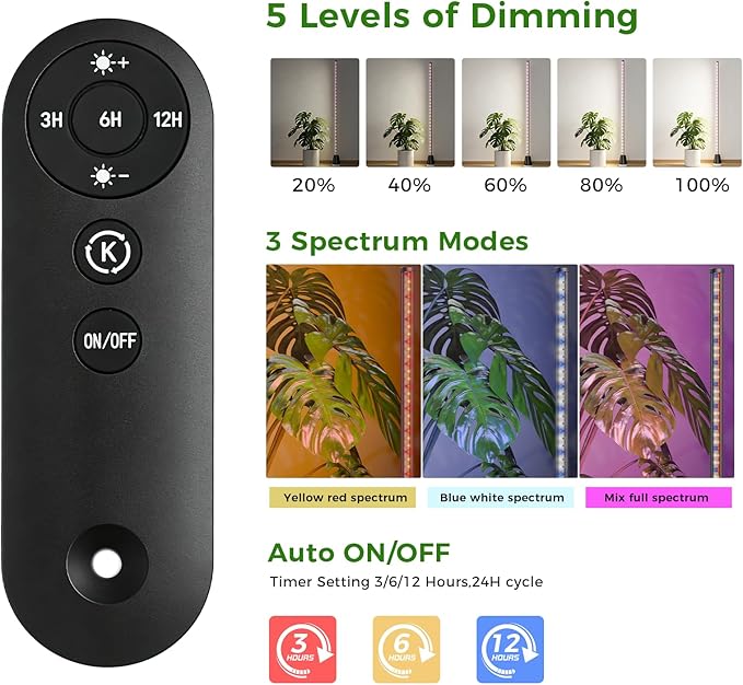Grow Lights for Indoor Plants with Timer 2PCS 60 Inch Vertical Grow Light Full Spectrum 384 LEDs 48W with Remote 3/6/12H Auto On/Off 3 Light Modes 5-Level Dimmable Standing Plant Lamp