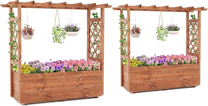 Giantex Raised Garden Bed with Sided Trellis &amp Roof Set 2 31”x16”x41” Wood Elevated Planter Box Freestanding Garden Planter Raised Bed for Flowers Herbs Climbing VinesBrown