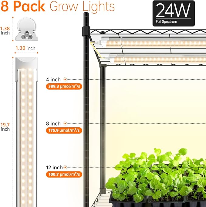 Bstrip DIY Plant Shelf with Grow Light Grow Light Shelf with Adjustable Rack and Wheels Plant Stand 8-Pack 192W T8 Full Spectrum Lamps ideal for Seed Starting Seed Tray 29.5L x 13.8W x70.9H
