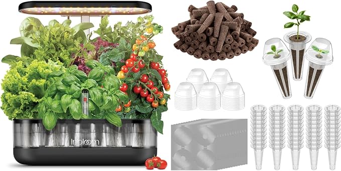 inbloom 12 Pods Hydroponics Growing System Transparent Black and 50 Grow Sponges 50 Baskets 50 Domes and 50 Labels