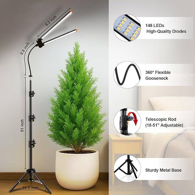YEOLEH Floor Lamp Grow Light for Large Tall Plants Indoor 6000K White Full Spectrum Plant Growing Light with Red Blue LED Foldable Light Strip Dimmable &amp Timer Function Height 17-62‘’ (100 Wa