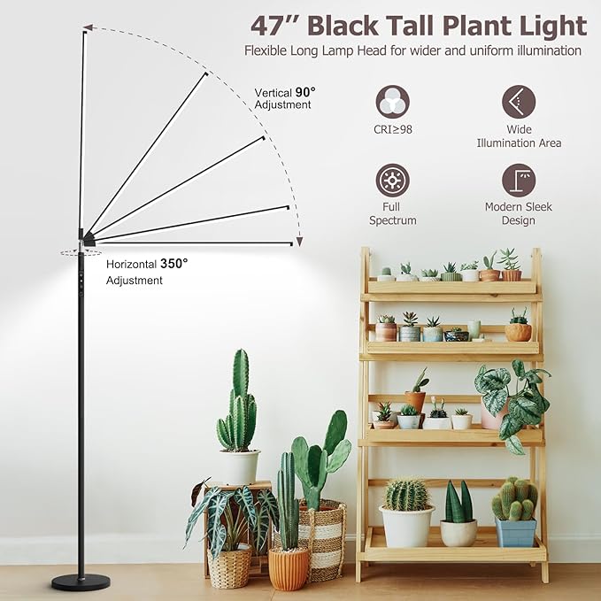 STERREN Plant Floor Lamp for Indoor Plants Full Spectrum LED Grow Light with 4/8/12H Timer Dimmable Black Plant Light with Stand Rotary Tall Grow Lights Head Adjustable 4000K