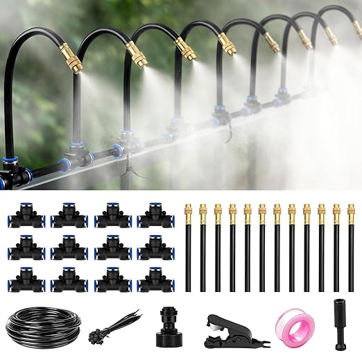 39FT Garden Mister System Automatic Garden Watering System with 360-degree Bending Dropper Atomizing Copper Nozzle Drip Irrigation System for Garden Greenhouse Yard Lawn Plant (12 Spray Nozzles)