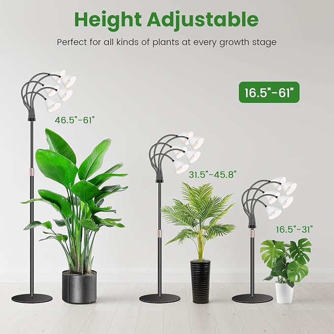 Wolezek Grow Lights for Indoor Plants Full Spectrum with Stand 5-Head 120 LEDs Floor Plant Grow Lamp for Large Plants Auto ON/Off Timer 6/12/16H 5 Dimmable Levels Adjustable Height 16.5-61