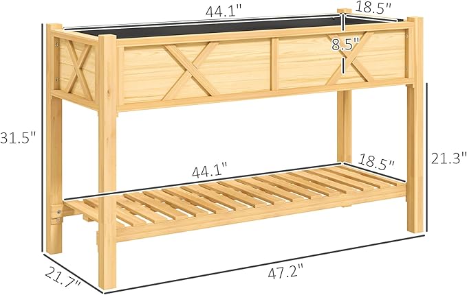 Elevated Wood Planter Box with Storage Shelf &amp Liner Raised Garden Bed with Drainage Holes Complete Gardening Solution for Patio Deck &amp Backyard (Natural)