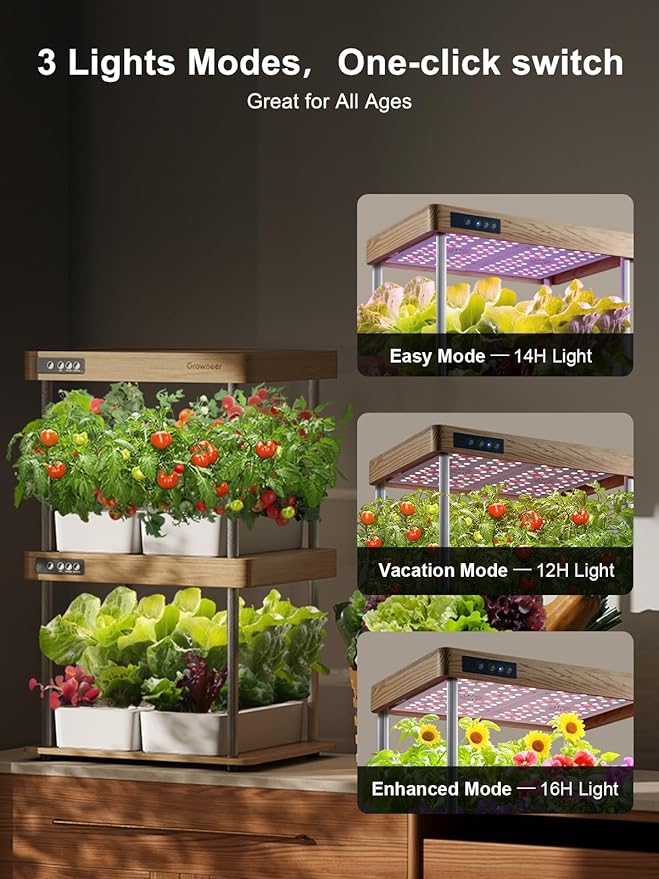 GROWNEER HydroEasy1.0 Hydroponic Growing System 2-Tier Indoor Garden with Full-Spectrum LED Grow Lights 32 Pods Solid Wood Design Independent Water Circulation Ideal for Vegetables Herbs Pine
