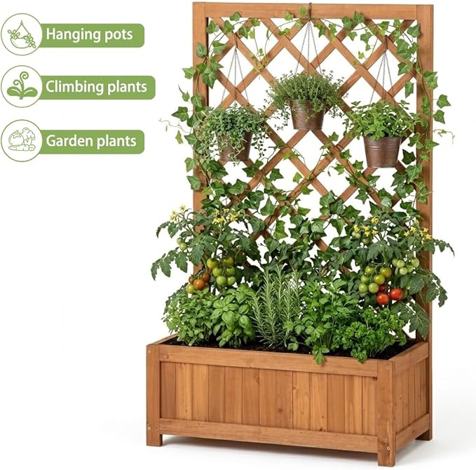 Wooden Raised Garden Bed with Trellis 40 Outdoor Planter Box for Climbing Plants Vertical Warm Brown Garden Planter for Vegetables Flowers &amp Vines Lattice Plant Support for Patio Yard Balcony