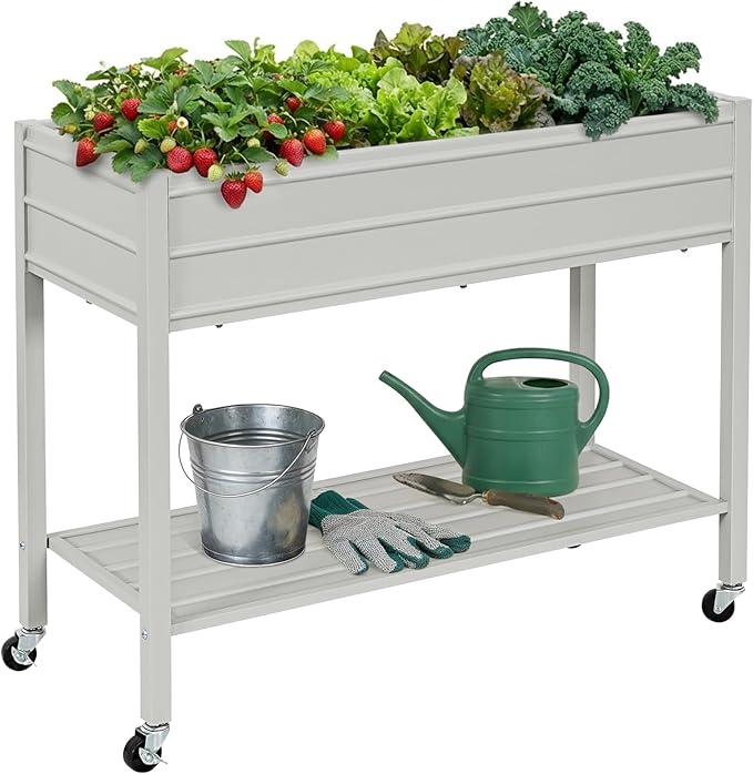 ZORMY 32 Tall Galvanized Raised Garden Bed with Legs Wheels &amp Shelf Elevated Planter Box Outdoor for Vegetables Herbs &amp Flowers Patio &amp Backyard Garden Bed with 400lb CapacityGrey