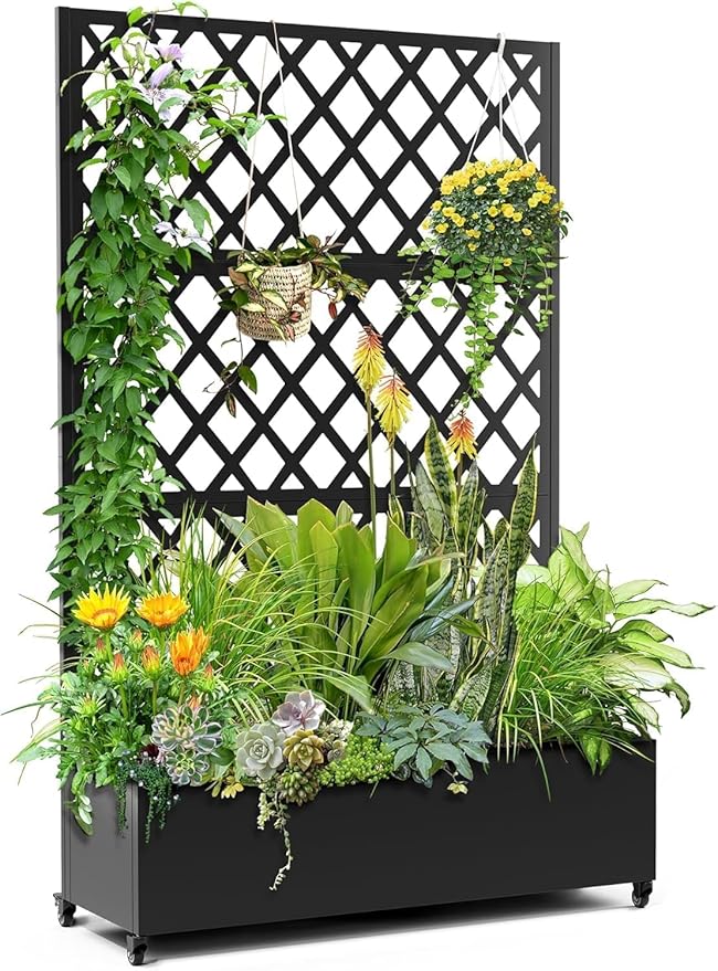 IDEAHOUSE Steel Raised Garden Bed w/Trellis &amp Privacy Screen - 71x46x16 in Planter Box w/Lockable Casters Drainage Holes for Vines Vegetables on Patio Deck Yard Black
