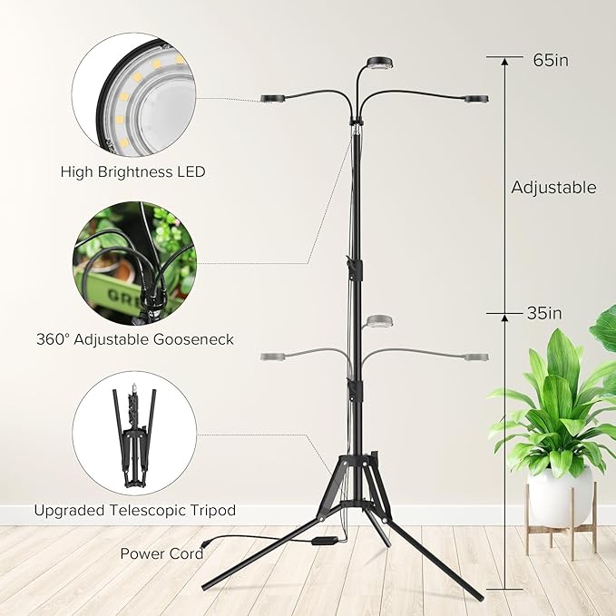SANSI Grow Lights for Indoor Plants Dimmable 30W Plant Lights for Indoor Growing 3 Head 35-65 Adjustable Tripod Stand Plant Grow Light Indoor Auto On/Off Timer Led Grow Lights for Indoor Plants