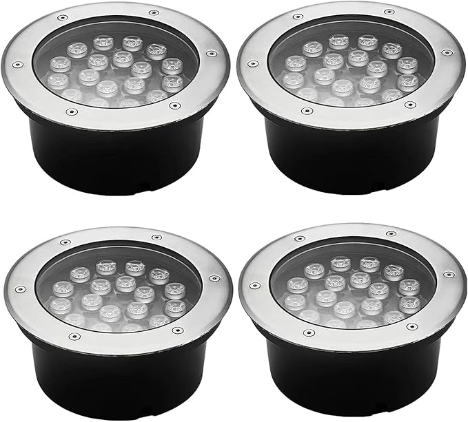 IP66 Waterproof Recessed Outdoor Ground Lights - 4 Pack Round Landscape Spotlights for Garden Pathway Deck and Step Lighting - AC85-265V Embedded Design (Red 24W)