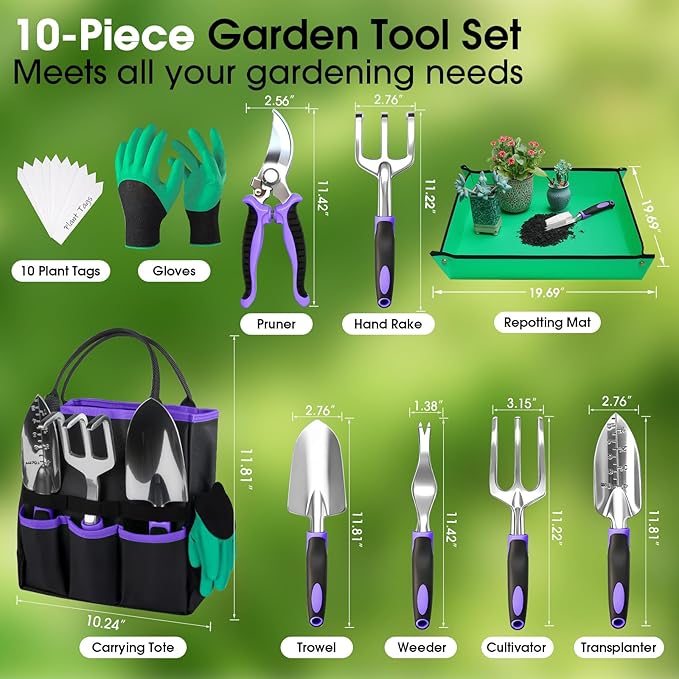 WOWBOX Garden Tools Set - 10 PCS Heavy Duty Gardening Hand Tools Kit with Storage Tote Rust-Resistant Gardening Supplies for Planting with Non-Slip Ergonomic Handle for Women and Men (Purple)