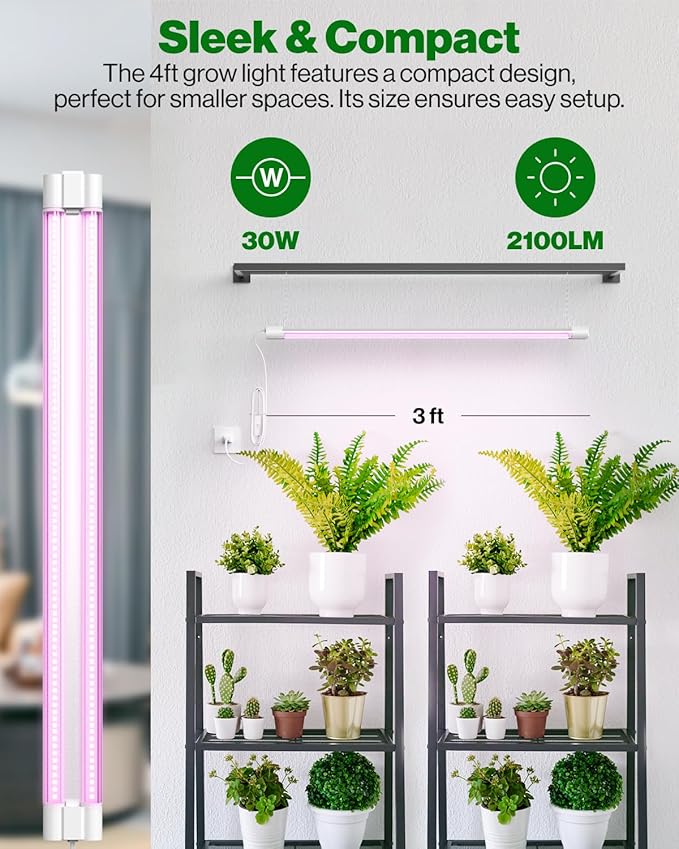 Sunco 3ft Grow Light LED 30W Full Spectrum for Seed Starting Seedling Indoor Plants Plug in Suspended Fixture Link Up to 4 Inline Switch UL/ETL 2 Pack.