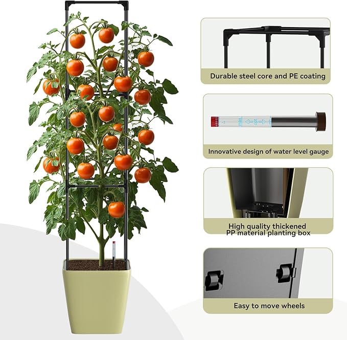 SUNYRISY Self Watering Planter Box with Plant Cage Raised Garden Bed with Wheels and Tomato Cage for Climbing Plants Vegetable Vine Flowers Outdoor Patio