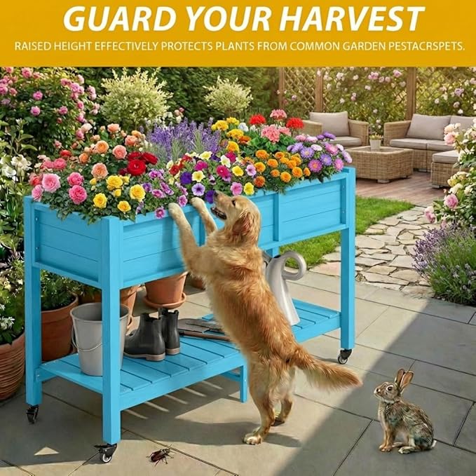 DWVO 47x18x31in Raised Garden Bed HDPE Weather-Resistant Poly Wood Planter Box Stand Planter Box with Legs Storage Shelf &amp Lockable Wheels Elevated Garden Bed for Backyard Patio - Aruba Blue