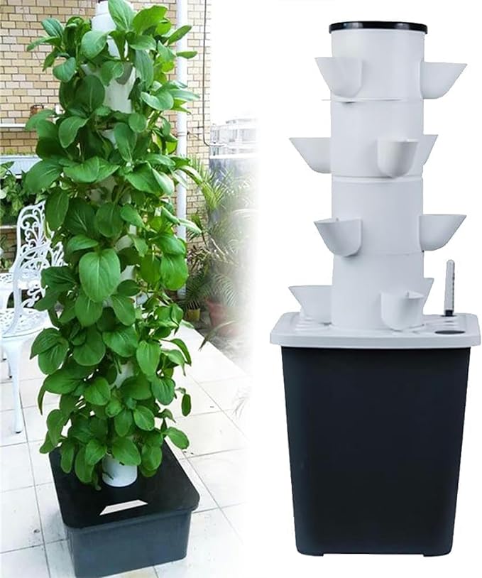 Hydroponics Tower Garden Hydroponic Growing System Aeroponics Growing Kit for Herbs Fruits and Vegetables with Hydrating Pump Adapter Net Pots Timer for Fruits(18holes)