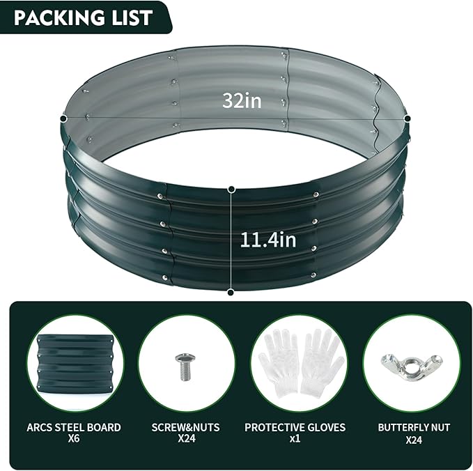 Galvanized Raised Garden Beds for Gardening - 2.7x2.7x1ft Round Metal Planter Boxes Above Ground Outdoor for VegetablesFlowersHerbs Garden Container Green