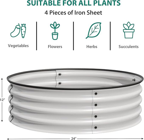 1 PCS 2 x 1ft Round Galvanized Raised Garden Bed Rust Corrosion-Resistant Metal Planter Box with Safe Rubber Edging Easy Assembly Open Bottom for Vegetables Flowers Fruits Herbs White