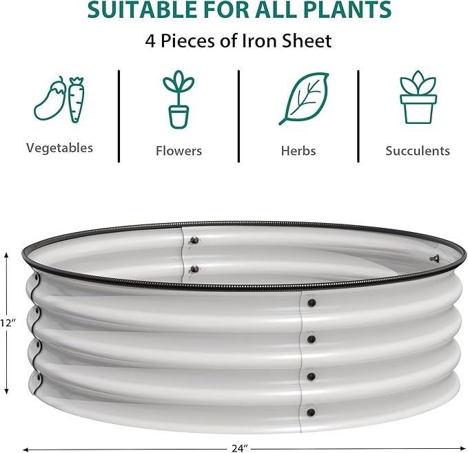 2PCS 2 x 1ft Round Galvanized Raised Garden Bed with Safe Rubber Edge Rust &amp Corrosion Resistant Metal Planter Box Open Bottom Easy Assembly for Vegetables Fruit Flowers White