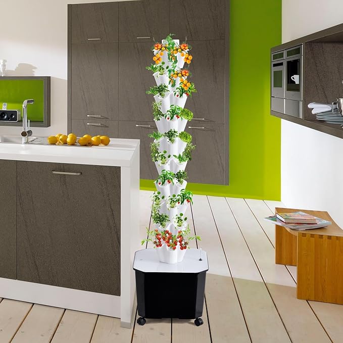 10 Layer Tower Garden Auto Water Circulate Hydroponics Tower Garden with 50L Water Tank Hydroponics Growing System Kit for Strawberries Basil Fruits Flowers