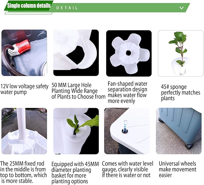 DIY Vertical Tower Planters with Multi-layer Detachable PP Colonization Cups Indoor Soilless Vegetable Planting Hydroponic System(Gray12th floor)