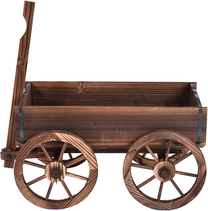 Giantex Wood Wagon Flower Planter Pot Stand W/Wheels Home Garden Outdoor Decor