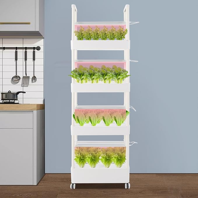 Hydroponic Tower 56 Pods Indoor Herb &amp Vegetable Garden Kit 4-Tier Hydroponic Growing Tower with LED Light Freestanding Vertical Planter U.S. Plug Mobile with Wheels