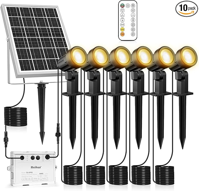 MEIHUA 6 in 1 Solar Spot Lights Outdoor Solar Landscape Spotlights 2700K/4000K/6500K 3 Brightness &amp Remote Control IP66 Waterproof Spotlights Outdoor Garden for Pathway Driveway Tree