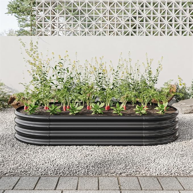 6ft Outdoor Galvanized Raised Garden Bed Metal Oval Planter Box for Vegetables Herbs Flowers (Black)