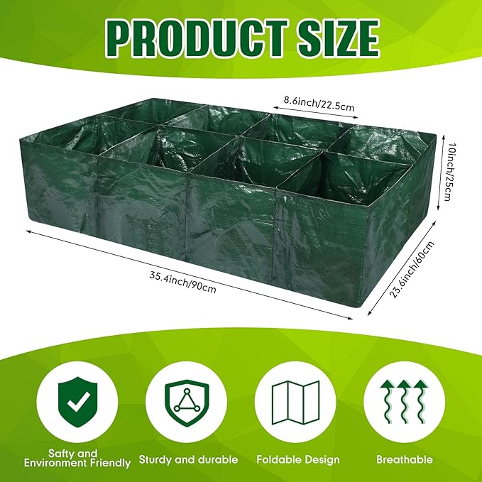 Woanger 6 Pcs 35 Gallon Plastic Raised Garden Bed 8 Divided Grids Planter Box with Drainage Holes PE Fabric Rectangle Raised Planting Bed for Vegetables Fruits Flowers Potato Outdoor Gardening