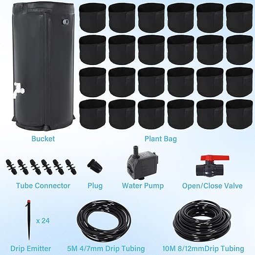 Auto Drip Irrigation System Kits with 26 Gallon Bucket 25W Water Pump 24 Drip Emitters 24 Planting Bags for Indoor and Outdoor Automatic Watering System for Grow Tent Greenhouse Lawn
