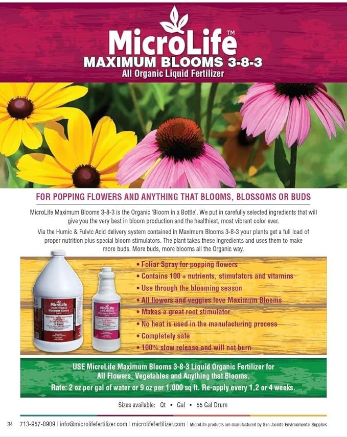 MicroLife Maximum Blooms (3-8-3) Professional Grade Organic Liquid Fertilizer Concentrate for All Flowers and Anything That Blooms Gallon