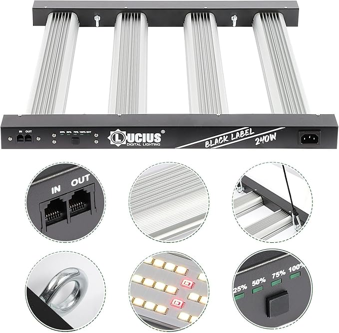 Lucius 240W LED Grow Light with LM281B Diodes 2.9 µmol/J High Efficiency Dimmable 4-Bar Light with 1200 Diodes Full Spectrum Plant Grow Lamp for Indoor Plants Seeding Veg Bloom 120/240/277V