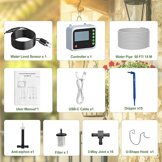 PChero Automatic Drip Irrigation System Kit Indoor Plant Self Watering System Devices for 15 Potted Plants USB Charging Plant Waterer Indoor with Timer Buzzer and Water Sensor for Vacation