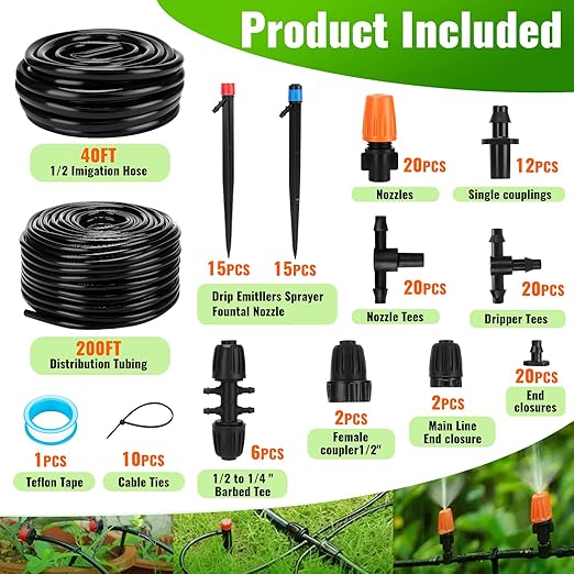 240FT Drip Irrigation System Automatic Drip Irrigation Kits Quick-Connect for Greenhouse Yard Lawn Plant Garden Watering Misting System with 1/2 inch Hose 1/4 inch Distribution Tubing