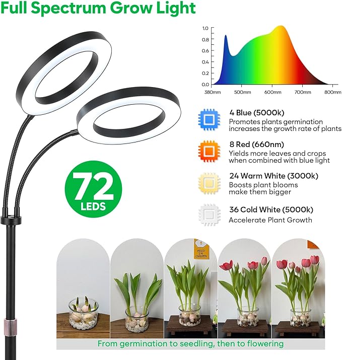 Dual-Head Grow Lights for Indoor Plants LED Full Spectrum Plant Lamp with Timer 3/9/12H 10 Dimmable Levels Flexible Gooseneck Height Adjustable 14-23 for House Plants &amp Seedlings