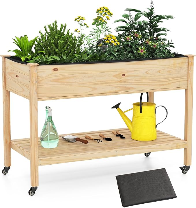 Raised Garden Bed with Legs Wood Raised Planter w/Lockable Wheels Drainage Holes &amp Storage Shelf Planter Box for Flowers Herbs Outdoor Balcony Backyard Natural 47 L x 23 W x 33 H