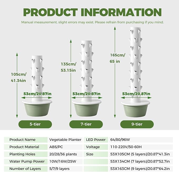 Indoor Vertical Growing Auto Water Circulation 5Tier 20Cells 30L Water Tank Vertical Garden Tower for HerbsVegetablesFruitsTomato Green-IndoorWithLEDLight