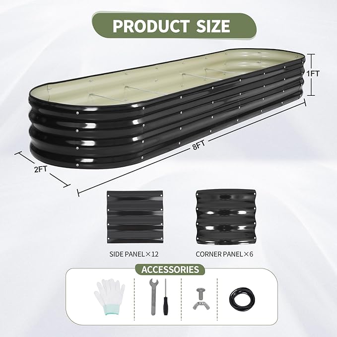 Galvanized Raised Garden Bed Outdoor- Raised Beds for Gardening| Metal Planter Box Steel Raised Garden Bed Kit with Safety Edging and Gloves for Vegetables Flower Herbs (8x2x1FT Gray)