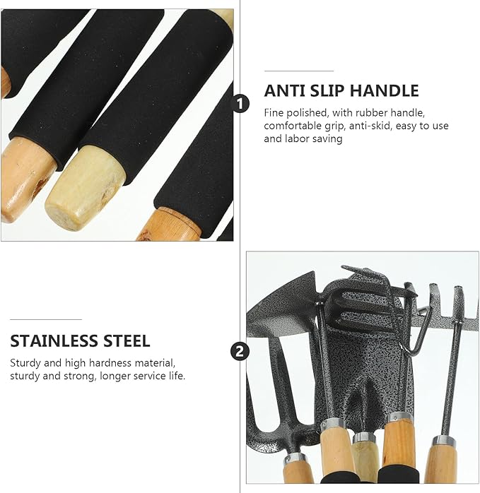 FAVOMOTO 5pcs Garden Tool Set with Wood Handles Includes Shovel 3-Prong Rake Hoe Hand Cultivator and 5-Tine Rake – Portable Small Gardening Tools Kit for Soil Loosening Weeding