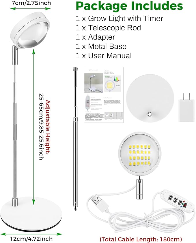 Plant Grow Light Full Spectrum Grow Lights LED Spotlight with Metal Base Desk Plant Growing Lamps with Auto On Off Timer 3/9/12H 6 Brightness Levels 9.8-25.6'' Adjustable Height